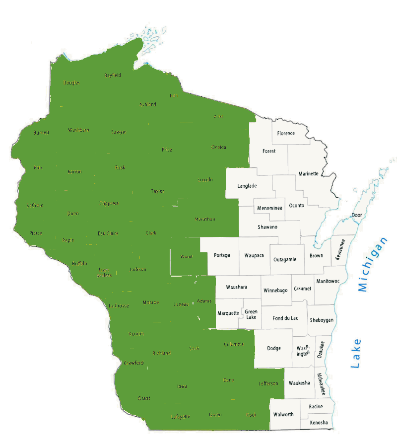 Map of Wisconsin counties served by River Valley Mutual, shaded green